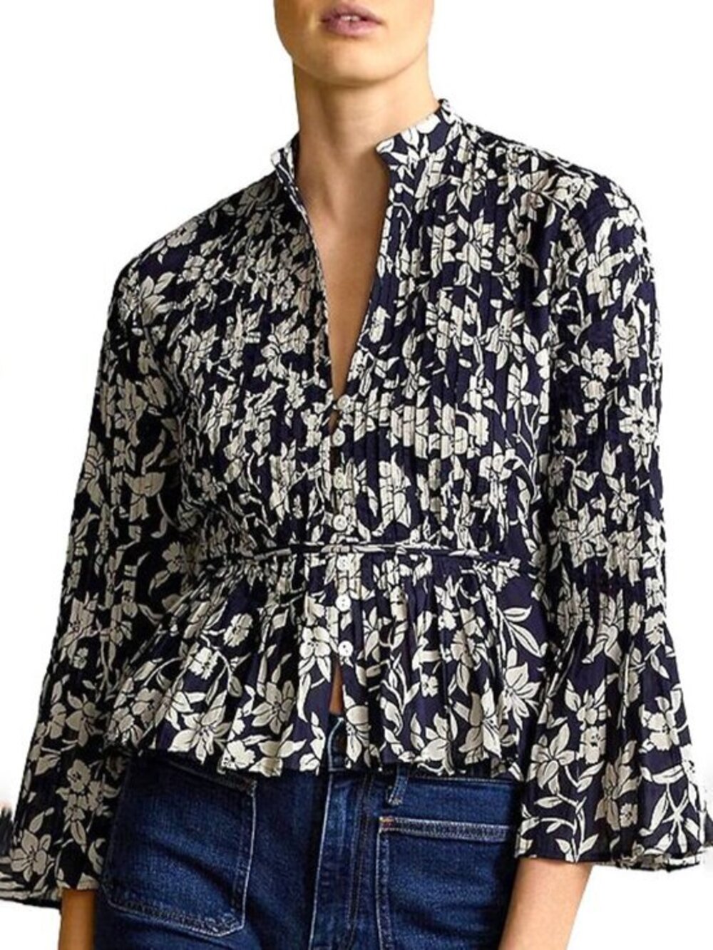New Polo RL 100% Cotton Floral Pintuck Belted Blouse Navy 10 $198